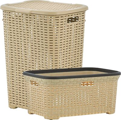 Plastic Wicker 60L Laundry Hamper and 50L Basket with Cutout Handles- Beige