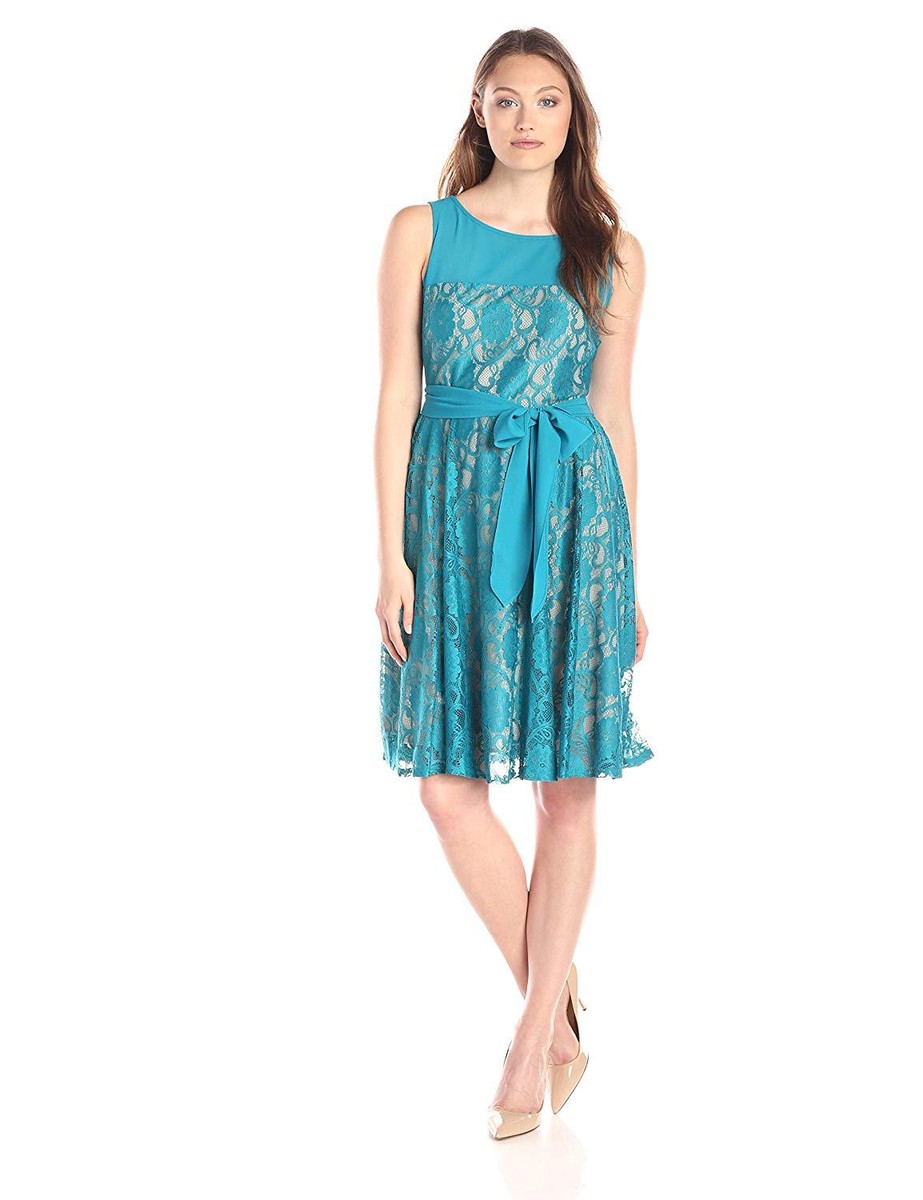 Julian Taylor Women's Lagoon Green Sleeveless Lace Dress with Tie - Size 10