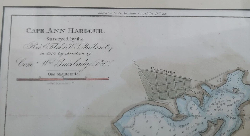 Cape Ann Harbor Massachusetts MAP Gloucester 1854 Blunt NAUTICAL Chart COLOR MA - Image 2 of 4