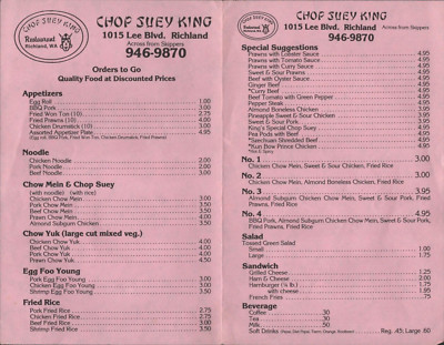 1980s CHOP SUEY KING vintage Chinese take-out menu RICHLAND, WASHINGTON