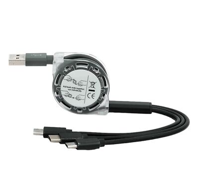 Type-C/Micro USB/iOS- Multi USB Schnell Ladekabel-3 in 1- NEU - 1,05m Aufrollbar
