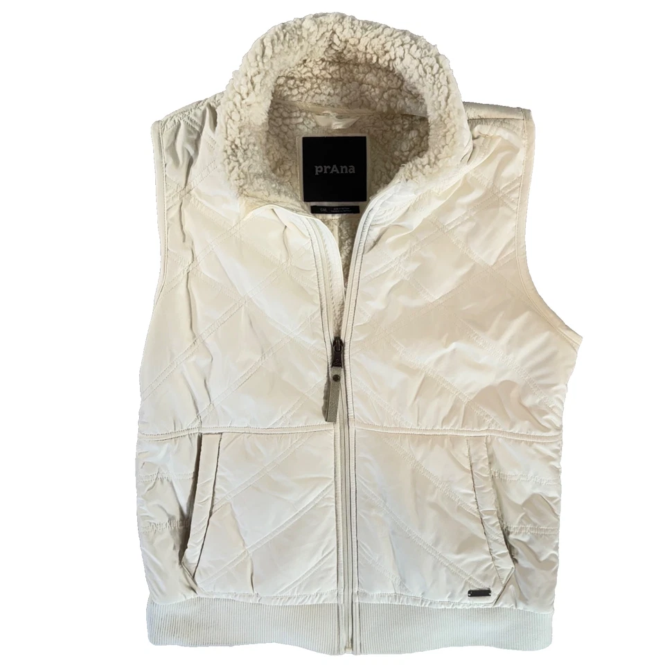PrAna Mujer Acolchado Sherpa Forrado Chaleco Pequeño Blanco Crema Cremallera Frontal Chaleco Abombado Foto 2 de 4