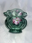 Vtg Fenton Green Glass Rose Bowl Vase Hand Painted Ruffle Floral Signed