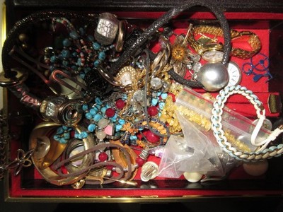 Jewellery Box With Costume Jewellery, Ladies Watches, Bracelets, Necklaces, Brooches Etc