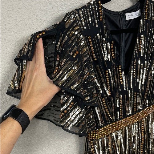 NWT Mac Duggal Beaded Sequin A Line Midi Dress Black Gold V Neck Sample Sz 2 - Picture 3 of 11