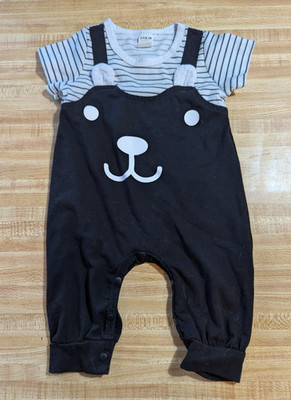 Shein Baby Boy Size 3-6 Months Cotton Blend Black Striped Teddy Bear Romper