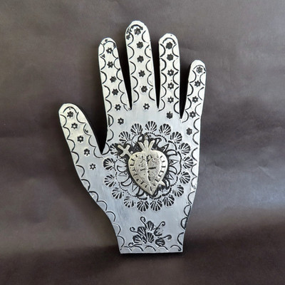 Healing Hand Wood Painted Black Silver Embossed Heart Milagro Mexico Folk Art 9H