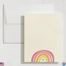Cheerful Stationery Set of 10 Flat Note Cards & Envelopes, Rainbow Heart Design