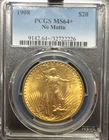 1908 $20 Gold Saint Gaudens Double Eagle PCGS MS64+,  No Motto