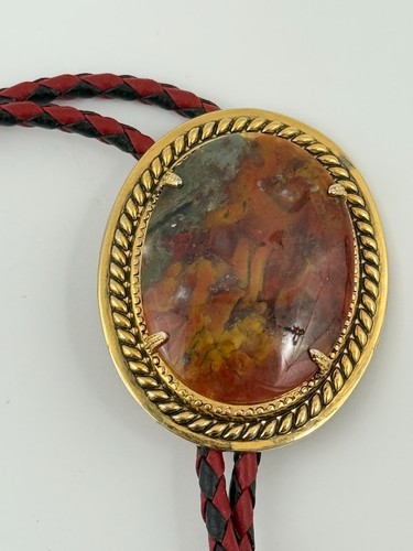 Vintage Western Bolokrawatte rot & schwarz geflochten Leder oval Jaspis Stein goldfarben