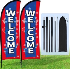 2 Sets Welcome Feather Flag Sign Kit 8 ft Welcome Banners Swooper Flag with F...