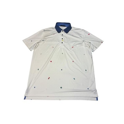 Greyson Mens Large White Micro Print Golf Polo Shirt Navy Collar Wolf Logo