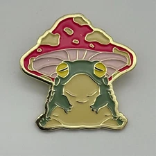 Hot Topic "Toad Stool" Gold Tone & Enamel Red Mushroom Toad Frog Pin, 44mm Tall