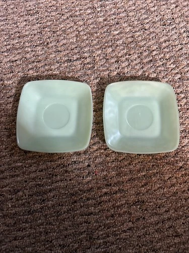 2 VINTAGE FIRE KING JADEITE GREEN SAUCERS 5 3/8" x 5 3/8", No Cracks Or Chips
