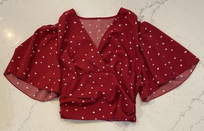 Shein Blouse Top Womens Size 4 Small Red White Hearts Dressy Casual Sheer