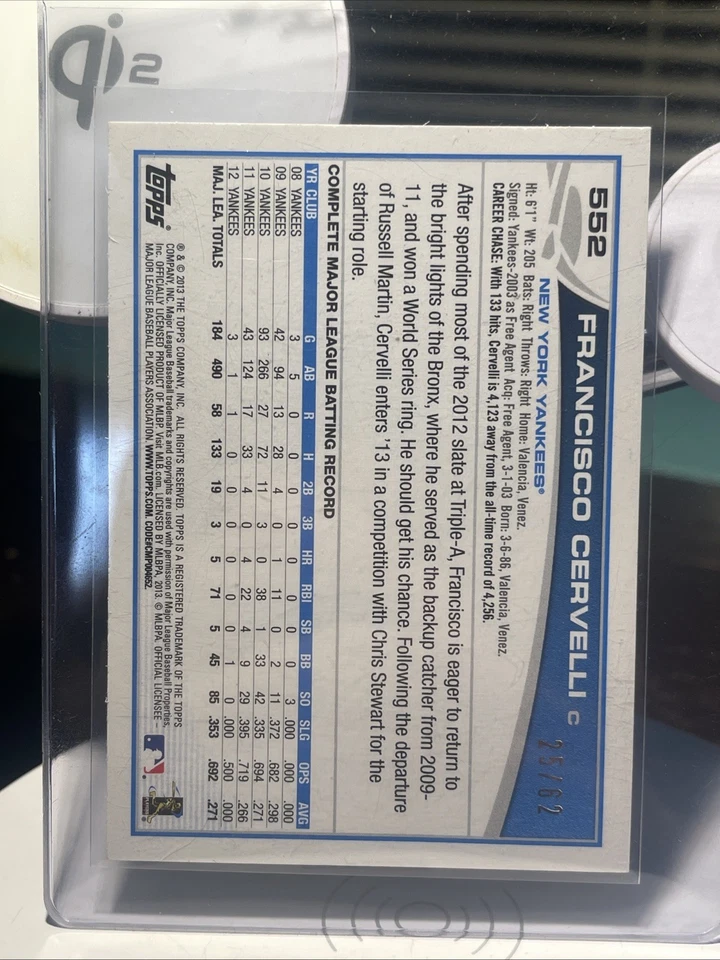 2013 Topps - Francisco Cervelli #552 Black Refractor Rare Mint Condition /62 NM - Image 2 of 2