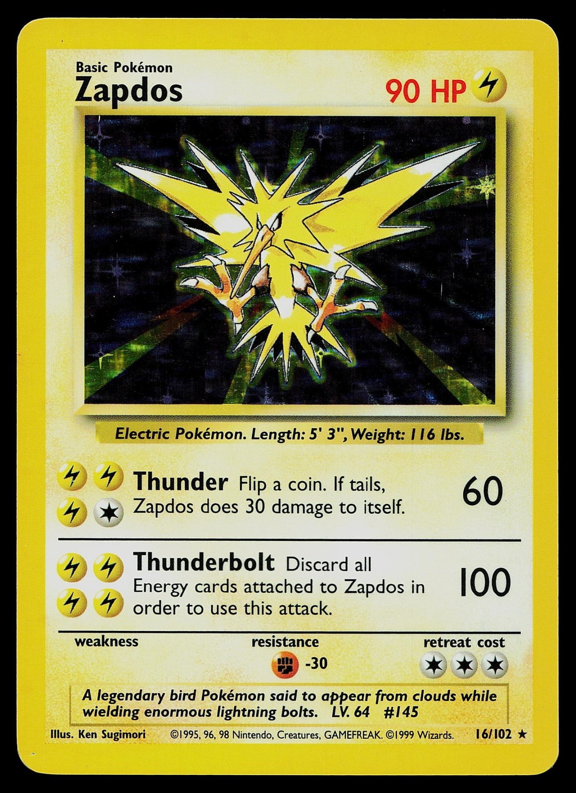 Pokemon Card - Zapdos Base Set Unlimited 16/102 Holo Holo Rare