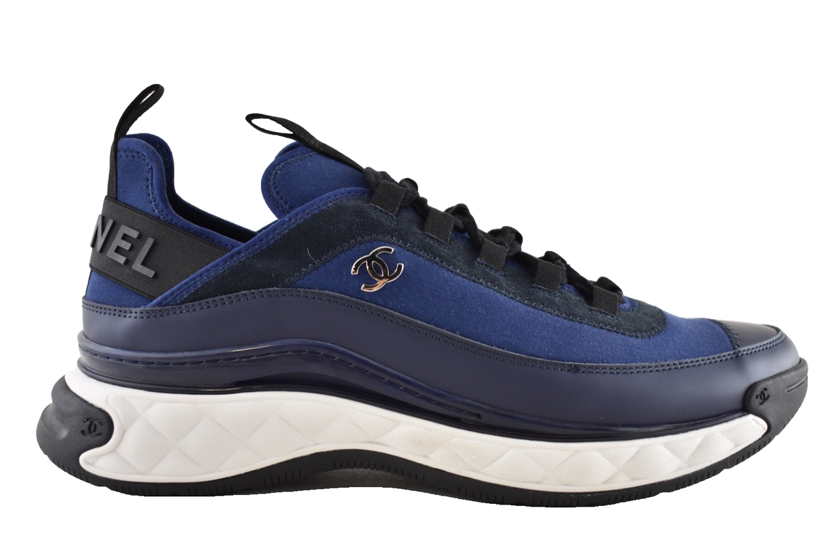 Chanel 20C Mens Blue Black White CC Logo Lace Up Low Top Trainer