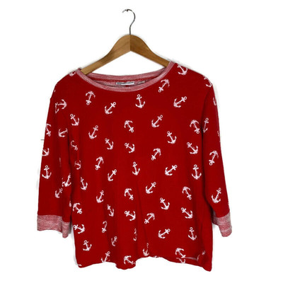 IB Diffusion Cropped Sweatshirt Sz M Anchors Nautical Red White 3/4 Sleeve 