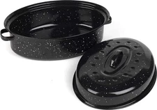 16 Inch Roasting Pan With Lid - Covered Oval Roaster - Enamel Carbon Steel Pot -
