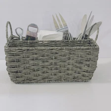 Vtg Wicker Silverware Flatware Napkin Caddy Holder Organizer Rattan BOHO decor