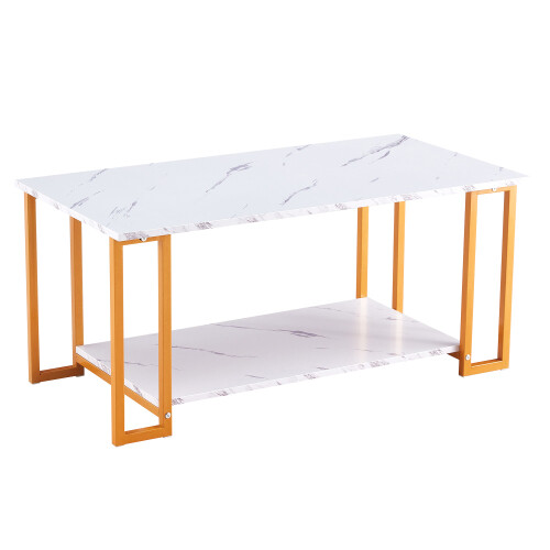 Mesa de centro moderna de mármol sintético para sala de estar mesa de acento de 2 niveles marco de metal - Imagen 4 de 23