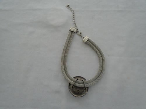 Chico's 6" Choker Necklace Silver Color With Large Round Pendant Metal Unused - Picture 3 of 3