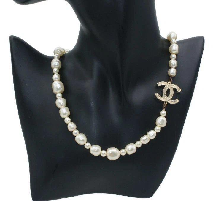 Chanel Vintage Textured CC Logo Faux Pearl Pendant Necklace