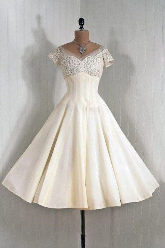 Vestidos de novia cortos vintage cuello en V años 50 hasta el té satinado retro vestido de novia Foto 4 de 4