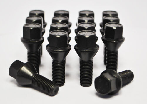 16 x M14 x 1.25, 27mm thread, tapered wheel bolts (black)