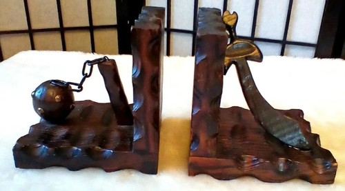 Vintage Sword Medieval Mace Dark Wood Bookend Pair MCM Mancave Gothic Decor