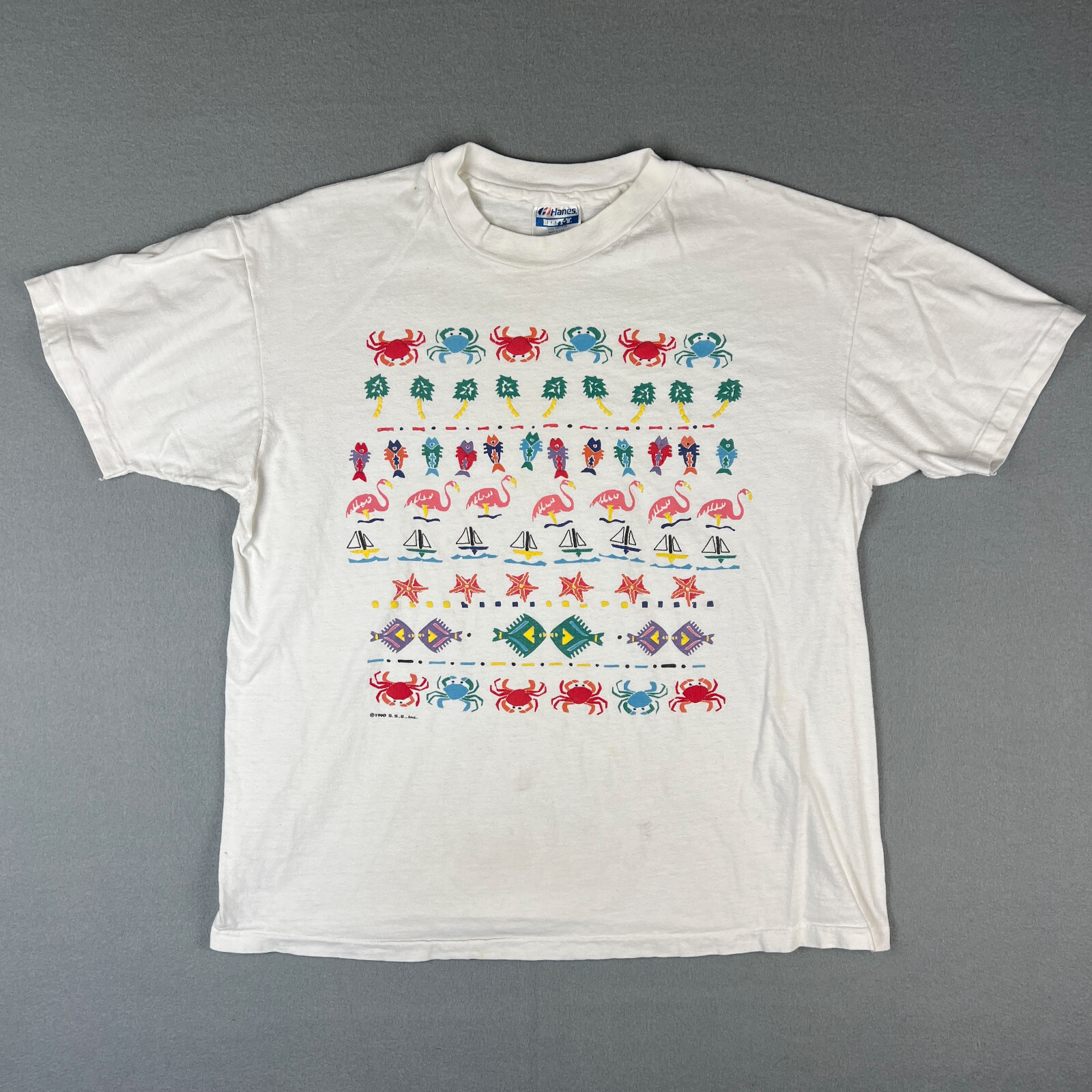 VTG Colorful Beach Ocean T Shirt FIts Large 1990s Puff Print Hanes Beefy USA