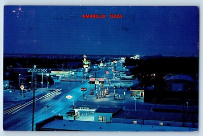 Amarillo Texas TX Postcard Night View Texaco Quality Gas Station Street Route 66
