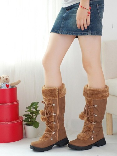 Womens Lace Up Winter Warm Faux Suede Pom Snow Boots Knee High Boots Shoes Size - Imagen 11 de 18