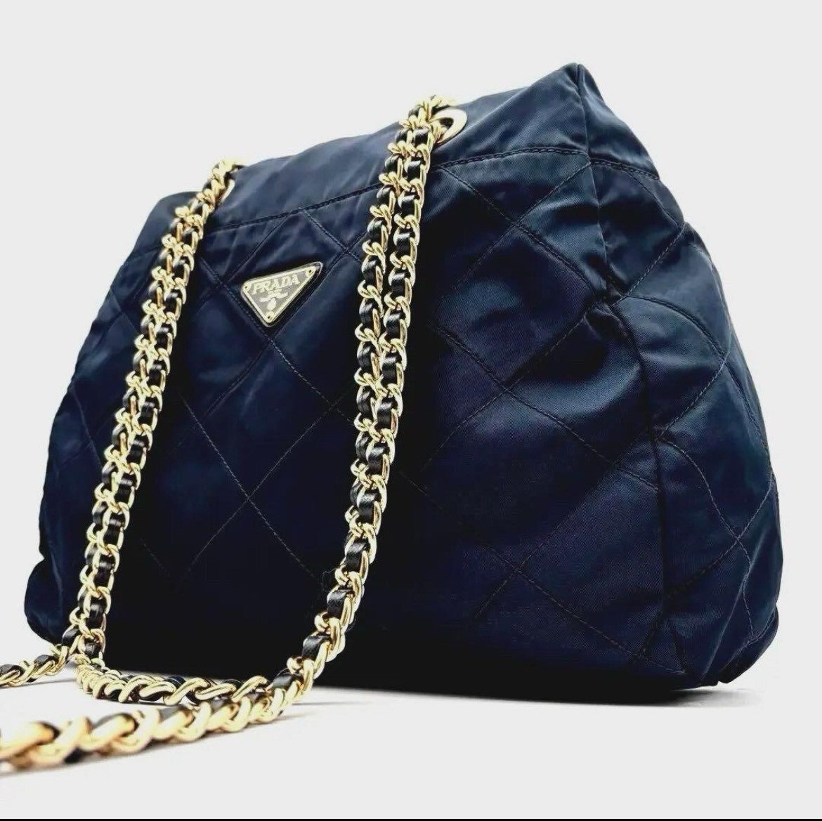 PRADA Chain Tote Bag Nylon Dark Navy Gold Auth 0126
