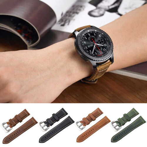 Bracelet de montre rétro 22 mm en cuir véritable bracelet de remplacement boucle argent - Photo 1 sur 11