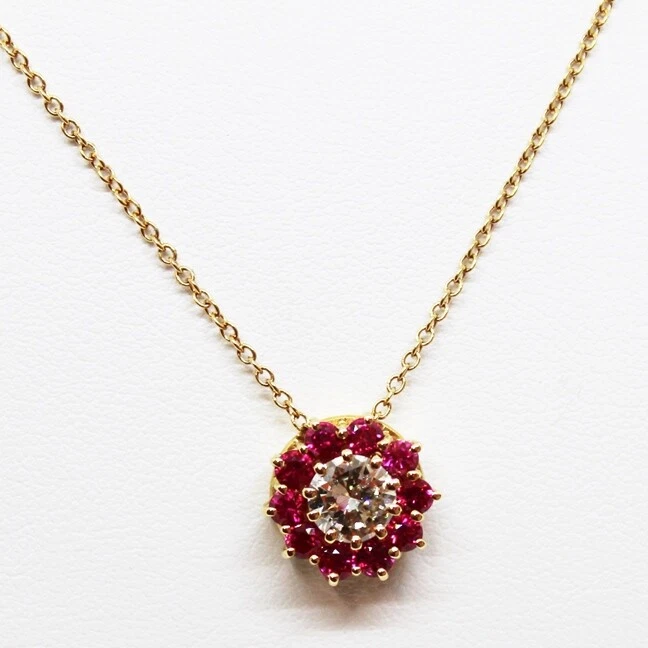 Collar En Oro Rosa 18k con Diamante Y Rubíes Rojo - Flor - Imagen 1 de 1