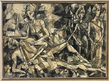 🔥 Fine Vintage Modern Mid Century Cubist Roman Figures Painting, PILL - 1960s