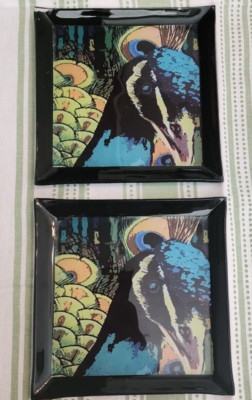 TRADEWINDS WHIMSICAL SQUARE PLATES REVERSE PAINTED 7.75'' BY JULIE UELAND