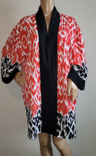 Chicos L/XL Red Black Ikat Open Front Artsy Kimono Cardigan