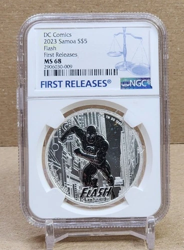 2023 SAMOA $5 DC COMICS JUSTICE LEAGUE - FLASH - NGC MS68 FR - .999 SILVER COIN - Picture 1 of 6