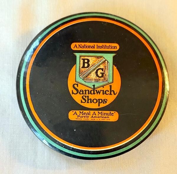 Vintage Celluloid Pocket Mirror or Paperweight Advertising B/G Sandwich Shops