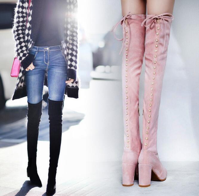 Damenschuhe Pearl Over Knee Long Stiefel Pointy Toe Block High Heel Lace Up Schuhes Warm Damenschuhe Pearl Over Knee Long Stiefel Pointy Toe Block High Heel Lace Up Schuhes Warm