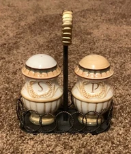 Tuscany Salt & Pepper Shakers with Metal Holder NOS