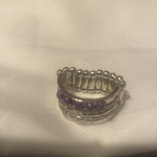 Silvertone Stretch Ring With Purple Beads One Size Fits All