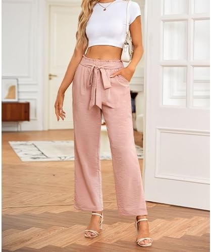 Women's High Waisted Wide Legged Fluttering Casual Loose Lace Up Straight Leg Pa - Picture 55 of 64