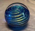 Blue Art Glass Paperweight Gold Fleck Swirl Murano Style Hand Blown 3”