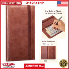 Leather Checkbook Cover: Built-In Divider, Pen Holder, RFID Blocking FAST SHIP