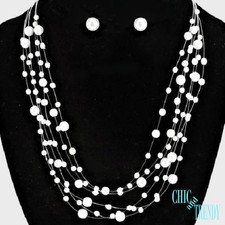FLOATING WHITE PEARL BRIDAL BRIDESMAID FORMAL, FASHION NECKLACE JEWELRY SET 