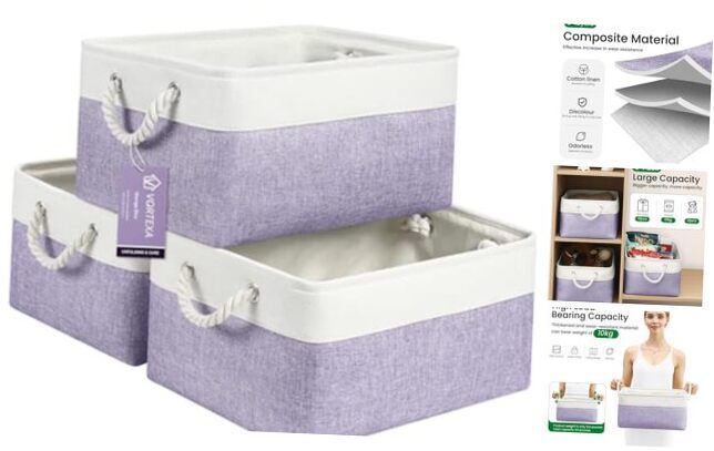 Storage Baskets, 3-Pack 15.7x11.8x8.2 inch Fabric 15.7X11.8X8.26 White&Purple-image